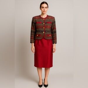 Vintage Thai Silk Skirt Suit Set Grand Products Red Gold L Handwoven